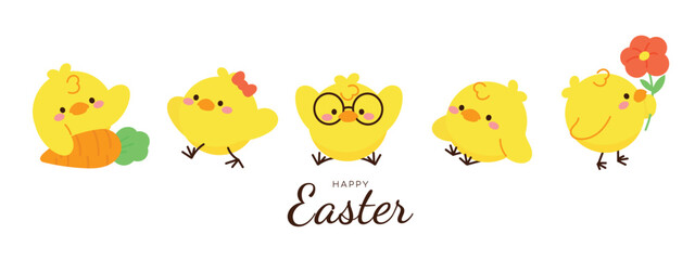 Fototapeta premium Happy Easter doodle hand drawn background vector. Cute Chick wallpaper of with yellow chicks in different pose, flower, easter element. Chicken illustration for clipart, sticker, card.