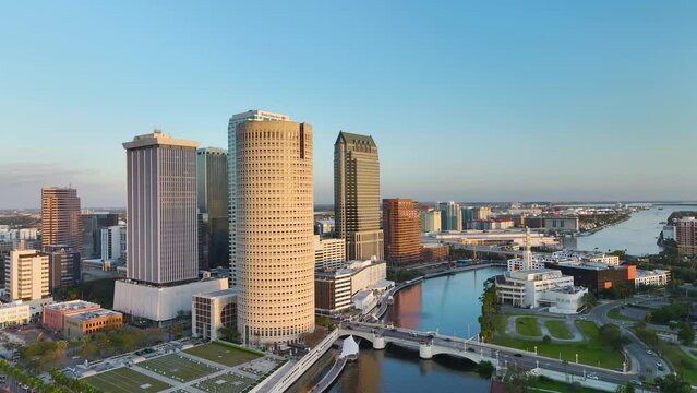Contemporary high skyscraper buildings and street traffic in downtown district of Tampa city in Florida, USA. American megapolis with business financial district.