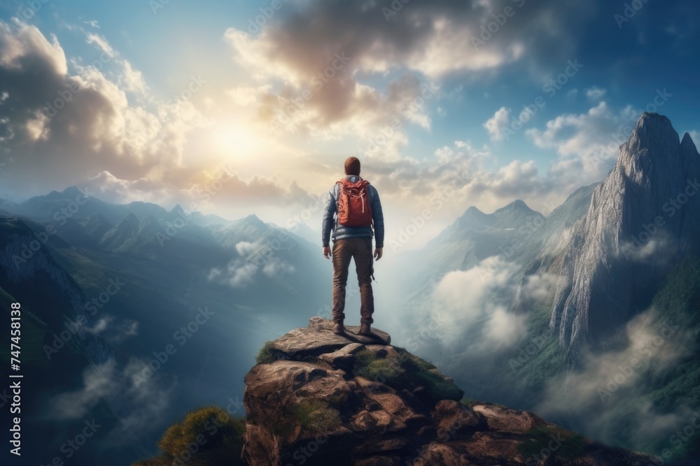 Poster a man standing on top of a mountain with a backpack. suitable for travel and adventure concepts