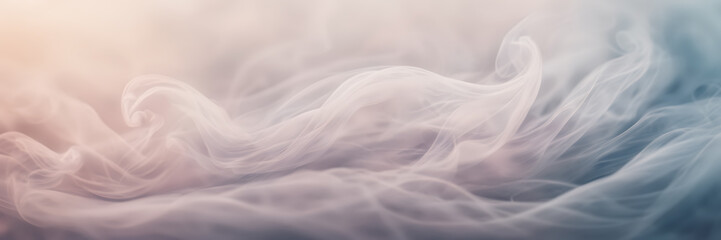 Close-up image of delicate wisps of smoke gently curling and unfurling against a background of soft pastel hues. - obrazy, fototapety, plakaty