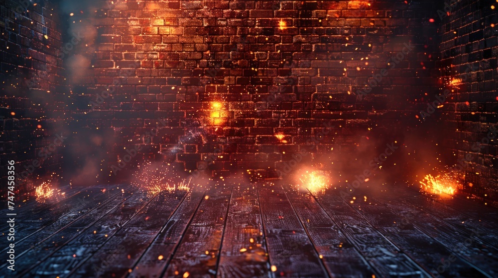 Poster a room with a brick wall and multiple flames, suitable for various fiery concepts