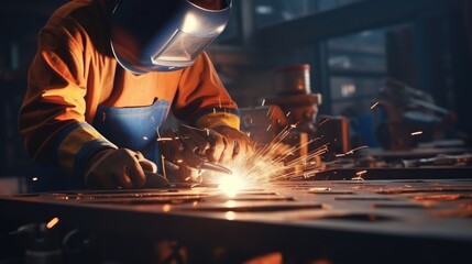 A man in an orange jacket welding metal. Suitable for industrial and construction concepts
