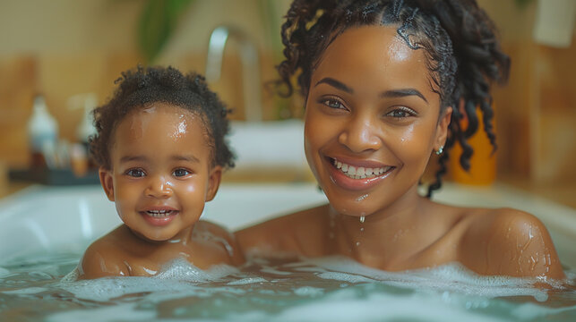crazy young black woman and her toddler having fun in the bathroom. close up shot, enteratinment. free time, lifestyle.generative ai