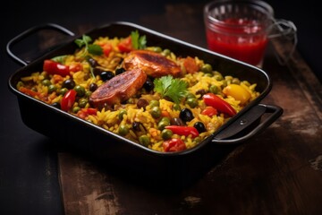 Macro view photography of a tempting paella in a bento box against a rustic textured paper background. AI Generation