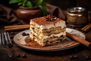 Close-up view photography of a juicy tiramisu on a rustic plate against a rustic textured paper background. AI Generation