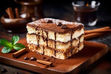 Highly detailed close-up photography of a tempting tiramisu on a wooden board against a rustic textured paper background. AI Generation