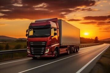 Fototapeta na wymiar Semi truck driving down a highway at sunset. Suitable for transportation and travel concepts