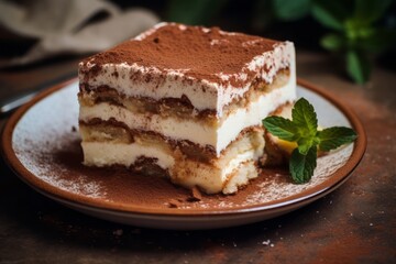 Macro view photography of a delicious tiramisu on a marble slab against a rustic textured paper background. AI Generation