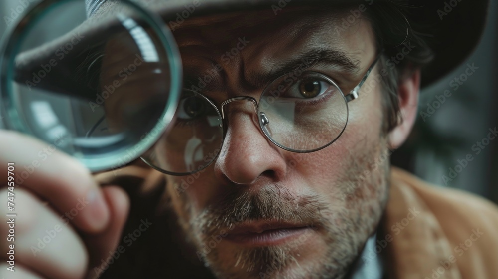 Poster a man wearing a hat and glasses looking through a magnifying glass. suitable for detective or invest