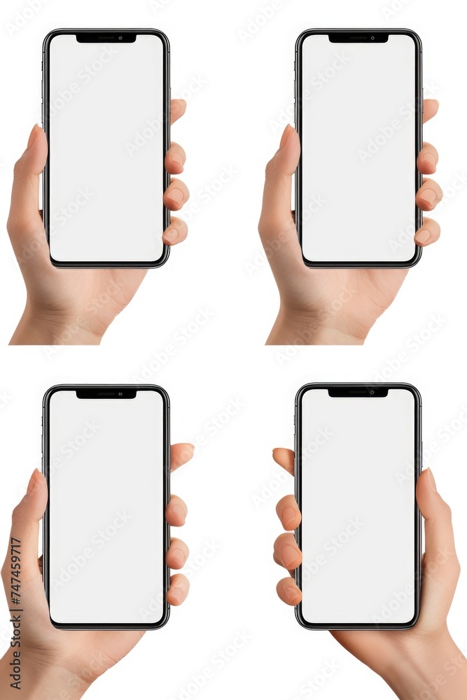 Poster Collection of images showing various perspectives of a hand holding a smartphone. Suitable for technology and communication concepts