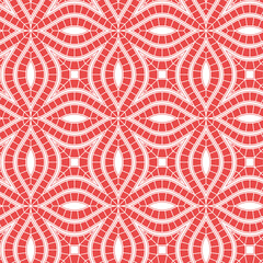 Abstract geometric floral composition with wavy elements decorated with small red squares on a white background. Modern ethnic style. Seamless repeating pattern. Decorative vector illustration.