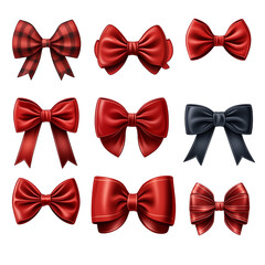 Collection of festive red bows, isolated and separated on transparent background. 
