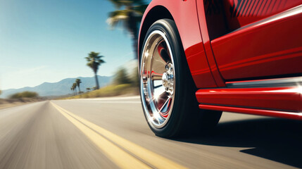 Dynamic side view of a shiny red classic car speeding along a scenic desert highway.