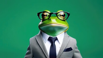 Green frog in a suit and glasses on a green background. Business concept.
