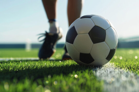 Football ball and soccer player in cleats on the sideline. A soccer ball kicked by a player on a grass pitch. Soccer background