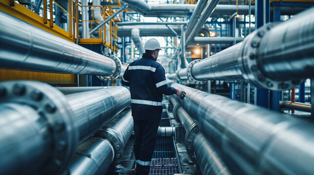 A worker in protective gear examining large pipelines at an industrial plant.