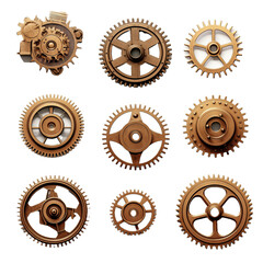 Old brass metal gears.Vintage bronze metallic cogwheels isolated on white, retro style separated gearwheels. Steampunk style