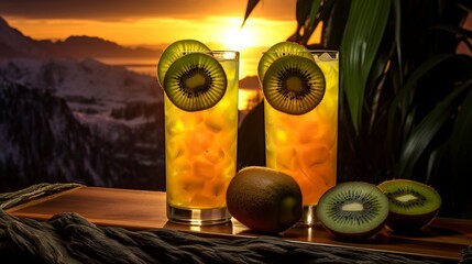 Kiwi Tequila Sunrise drinks on a Table with Beautiful Lighting