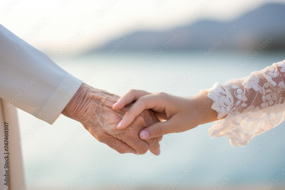 Poster A close up image of a person holding another person's hand. Suitable for various concepts and designs