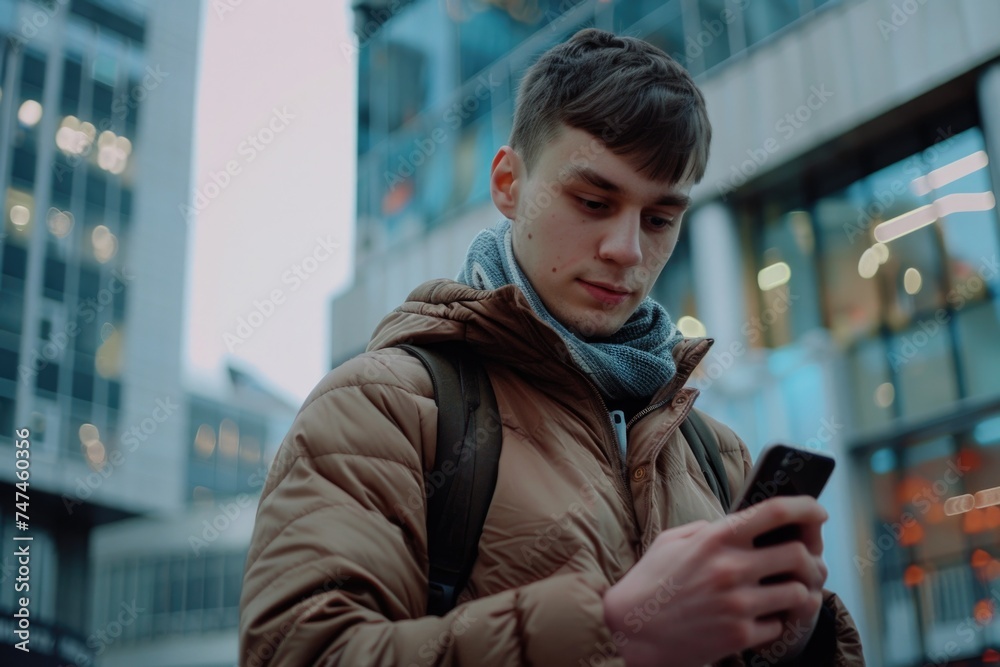 Poster a man in a brown jacket looking at his cell phone. suitable for technology or communication concepts