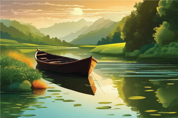 Illustration traveling boat in river, beautiful landscape, green trees, natural light, nature landscape background. Beautiful lake with a boat in mountain area. 