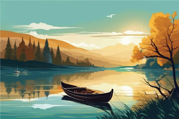 Illustration traveling boat in river, beautiful landscape, green trees, natural light, nature landscape background. Beautiful lake with a boat in mountain area.  - obrazy, fototapety, plakaty