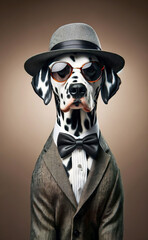 A Dalmatian clad in stylish attire with a bow tie and sunglasses, exuding elegance and sophistication, AI-generated.