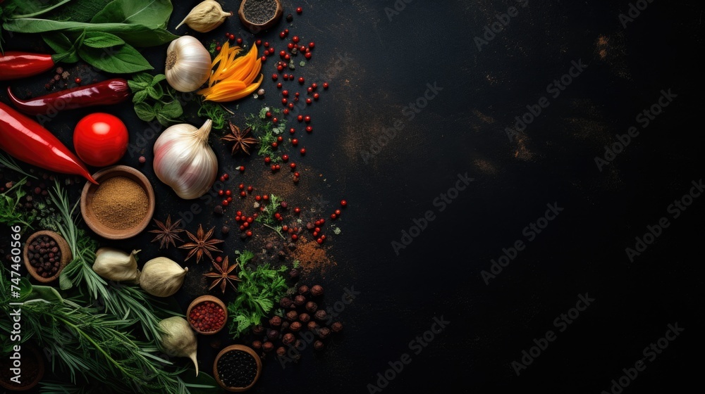 Poster Assortment of spices and herbs on a dark background. Ideal for culinary concepts