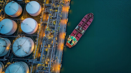 An aerial shot of an oil tanker alongside cylindrical storage tanks in a calm sea, casting shadows on the water.