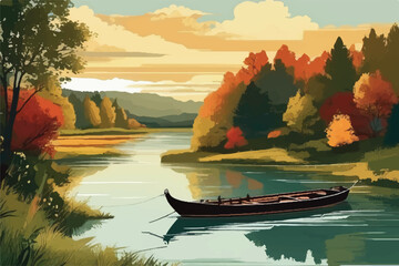 Illustration traveling boat in river, beautiful landscape, green trees, natural light, nature landscape background. Beautiful lake with a boat in mountain area.  - obrazy, fototapety, plakaty