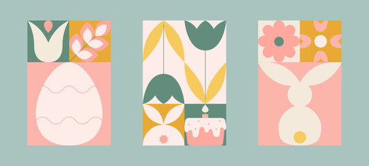 Easter geometric card set with simple bunny, egg, tulips, easter cake, flowers. Pastel color cute shapes