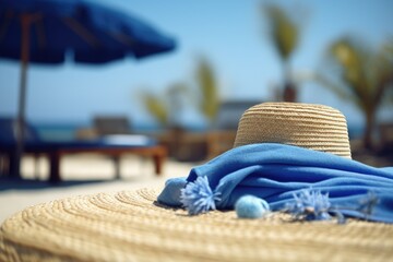 A straw hat and blue scarf laying on a sandy beach. Perfect for summer vacation concepts