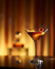 : Close-up of a classic cocktail with a cherry garnish served on a bar counter, with a warm, blurred background.