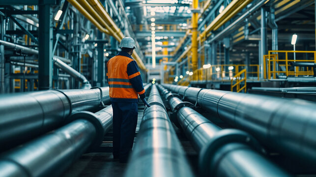 A worker in protective gear examining large pipelines at an industrial plant.