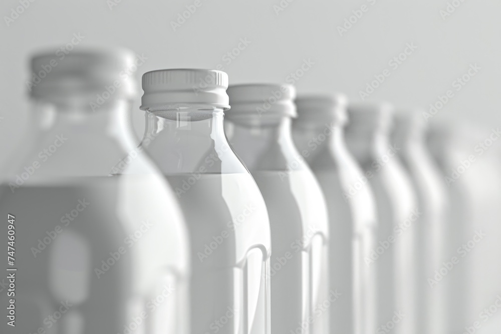 Poster Row of empty water bottles on a table, suitable for environmental or recycling concepts
