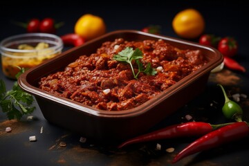 Highly detailed close-up photography of a juicy chili con carne on a plastic tray against a rustic textured paper background. AI Generation - obrazy, fototapety, plakaty