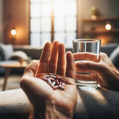 Person's hands holding pills and water glass at home. Tablets of dietary supplements. Daily pills. Daily intake of antioxidants, vitamins, healthcare drugs. Generative AI
