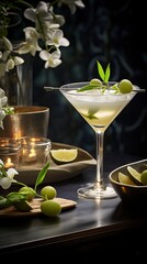 Lychee Sake Martini drinks on a Table with Beautiful Lighting