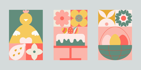 Easter geometric card set with simple bunny, eggs, chick, easter basket, flowers. Bright color cute shapes