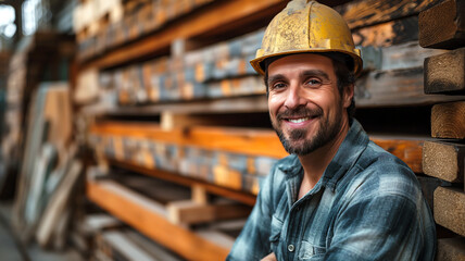 Worker in hard hat at lumberyard representing construction, labor, safety, and the timber industry.