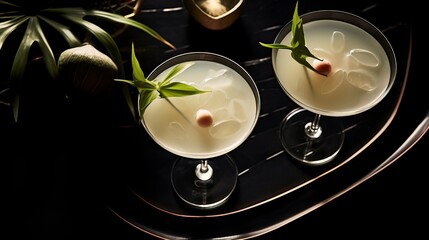 Lychee Sake Martini drinks on a Table with Beautiful Lighting