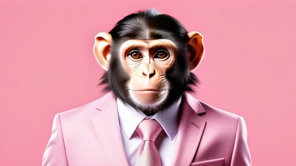 Monkey in pink suit on pink background.