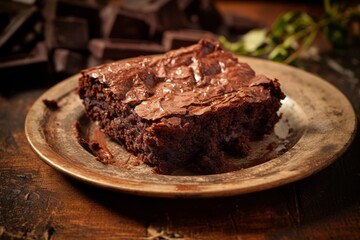Highly detailed close-up photography of a juicy brownie on a rustic plate against a rustic textured paper background. AI Generation