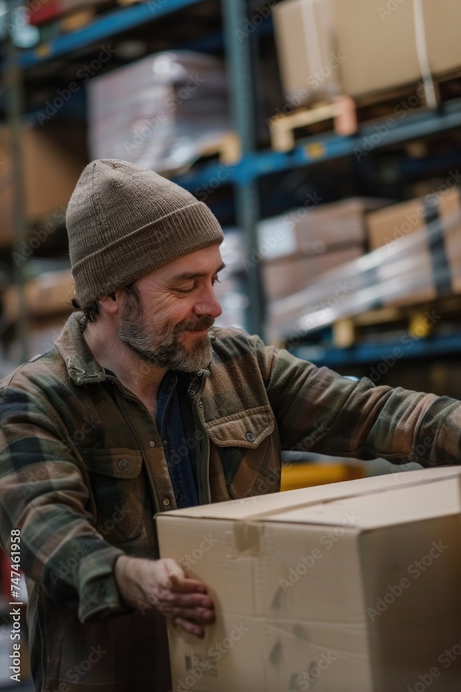 Poster a man holding a box in a warehouse. suitable for logistics and storage concepts