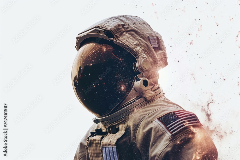 Poster Astronaut in space suit standing by window, suitable for science and technology concepts