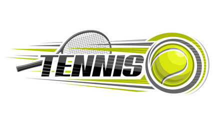 Vector logo for Tennis, decorative horizontal banner with outline illustration of hitting tennis ball, flying on trajectory in goal on white background and unique brush lettering for word tennis