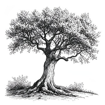 Oak tree Monochrome ink sketch vector drawing, engraving style vector illustration