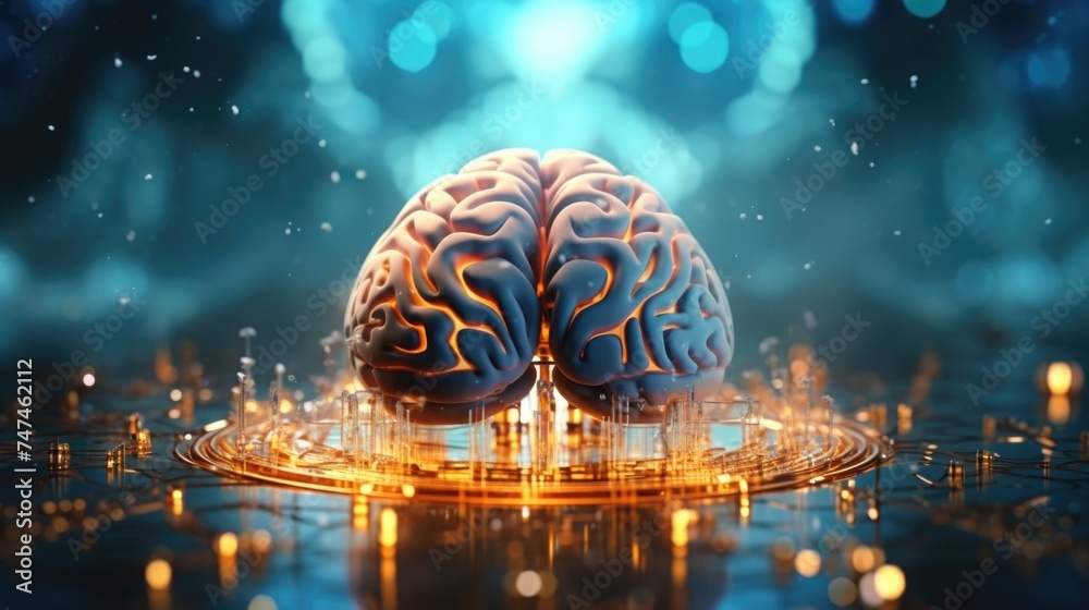 Poster A brain resting on top of a circuit board. Suitable for technology and artificial intelligence concepts