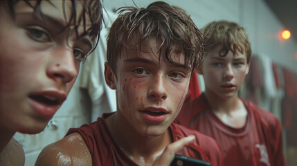 13-year-old boys in a football locker room, teasing a sad friend with a smartphone, while donning amaranth football shirts and white trousers.generative ai