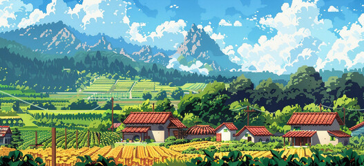 Fototapeta na wymiar 8-bit pixel art countryside farm depicting a peaceful farm scene with fields, flowers, and farmhouses